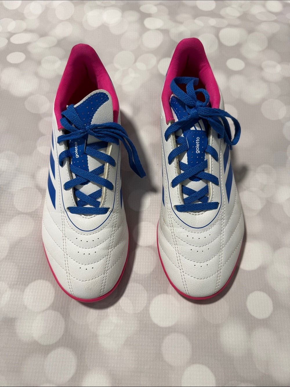 adidas Kids White Sneakers with Blue Stripes and Pink Trim